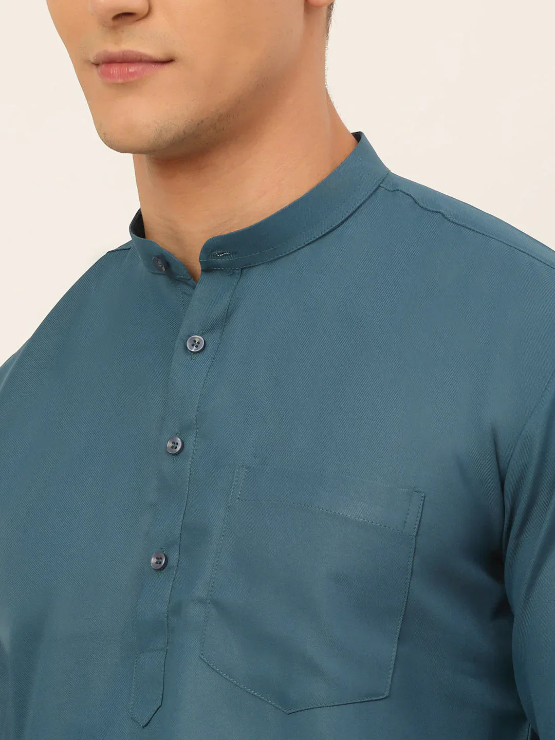 Jompers Men's Teal Blue Solid Cotton Short Kurta - Teal