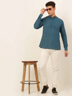Jompers Men's Teal Blue Solid Cotton Short Kurta - Teal