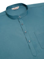 Jompers Men's Teal Blue Solid Cotton Short Kurta - Teal