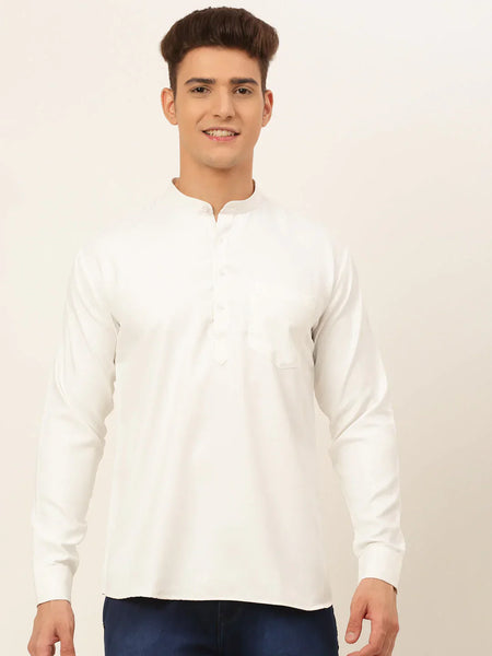 Jompers Men's White Solid Cotton Short Kurta - White