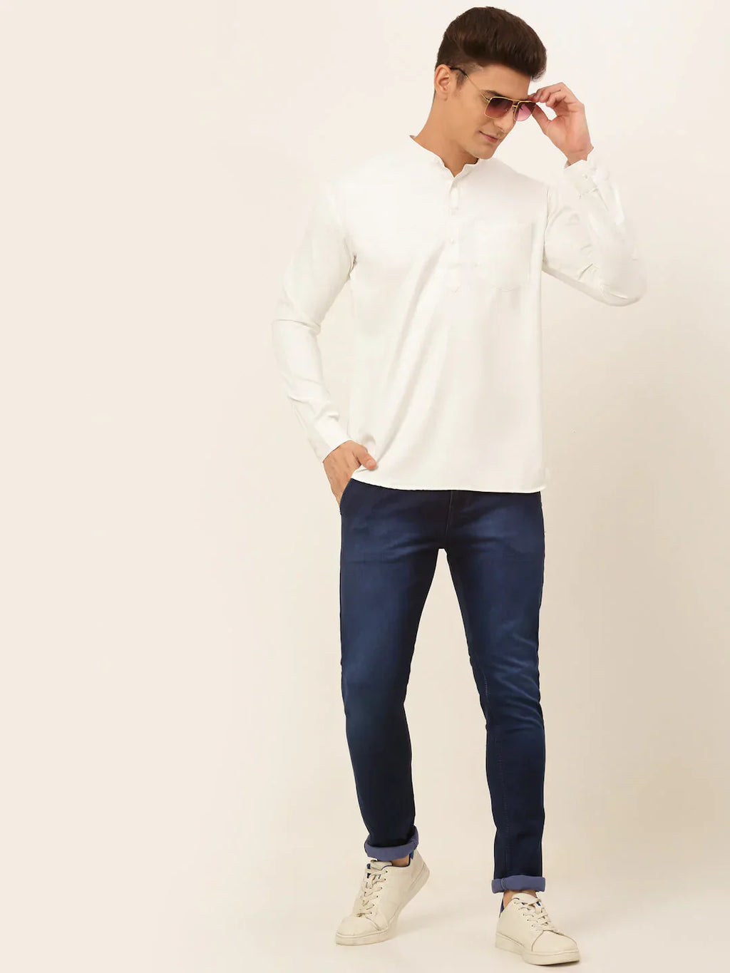 Jompers Men's White Solid Cotton Short Kurta - White