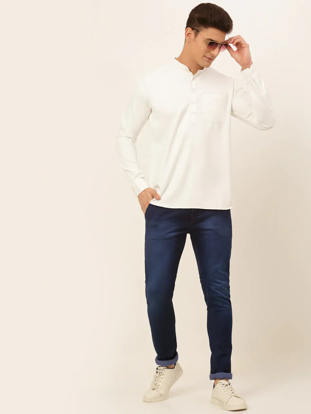 Jompers Men's White Solid Cotton Short Kurta - White