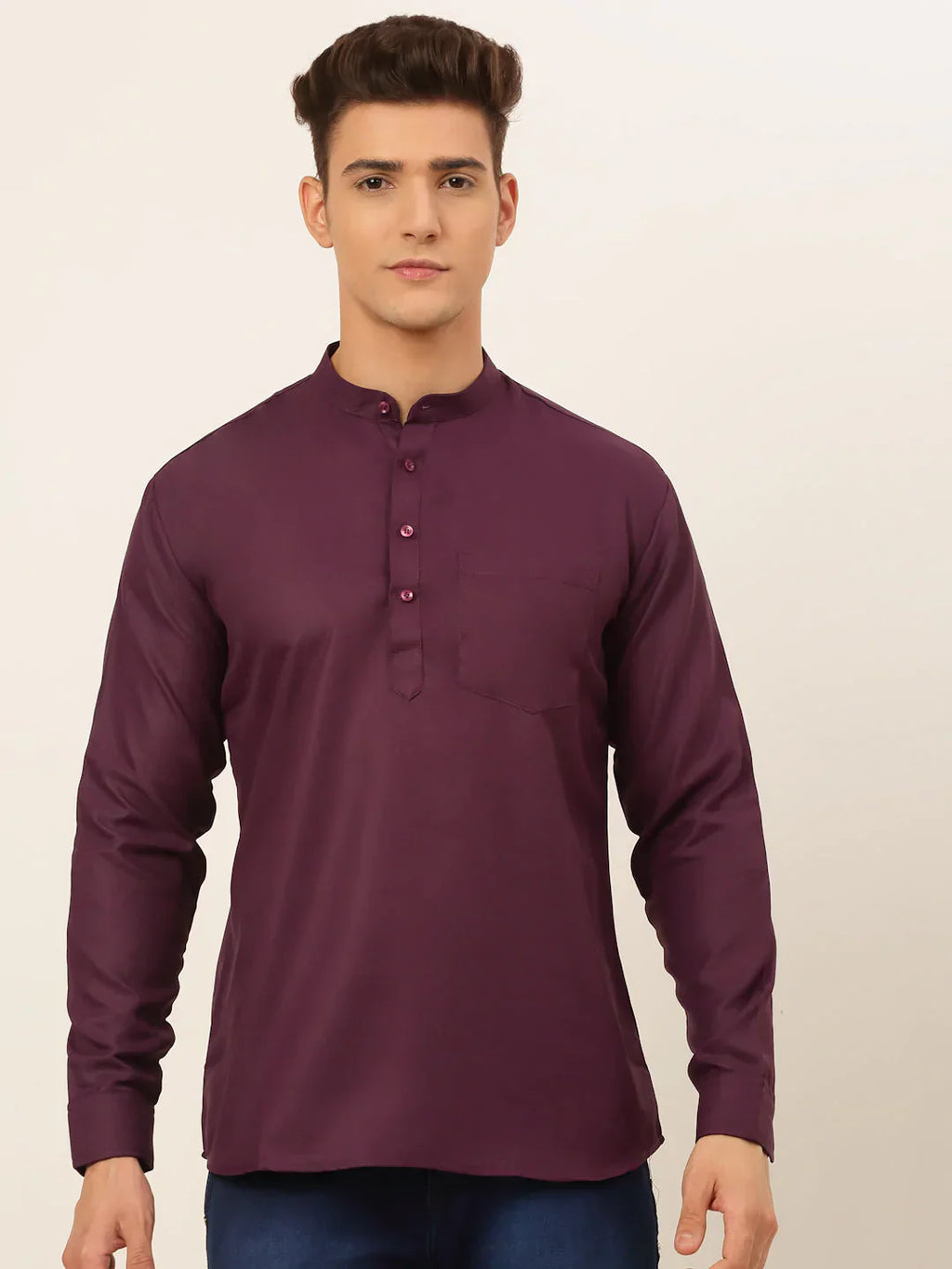 Jompers Men's Purple Solid Cotton Short Kurta - Wine