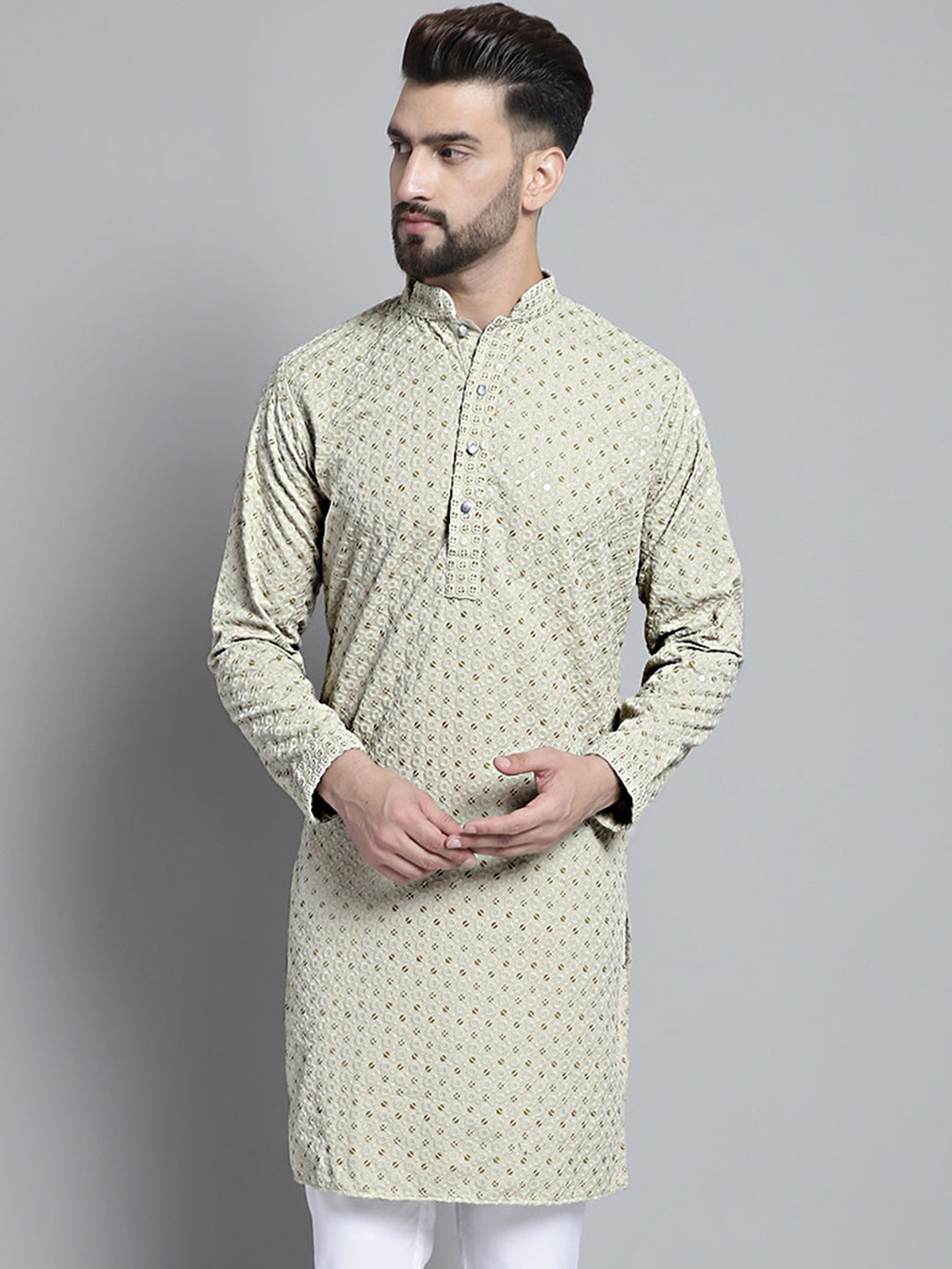 Jompers Men's Beige Chikankari Embroidered and Sequence Kurta Only