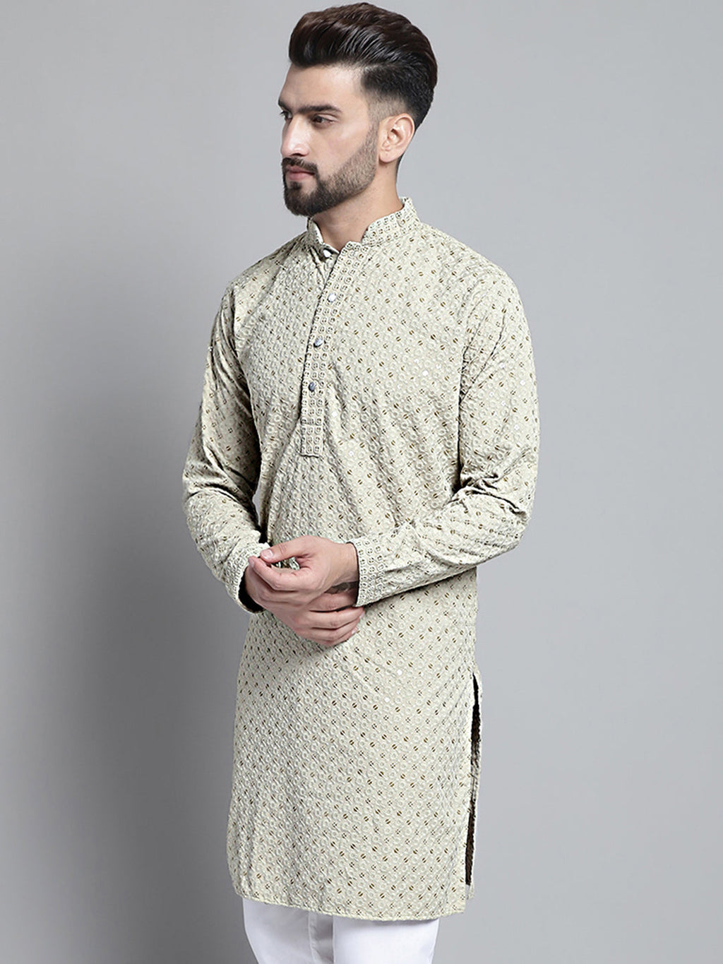 Jompers Men's Beige Chikankari Embroidered and Sequence Kurta Only