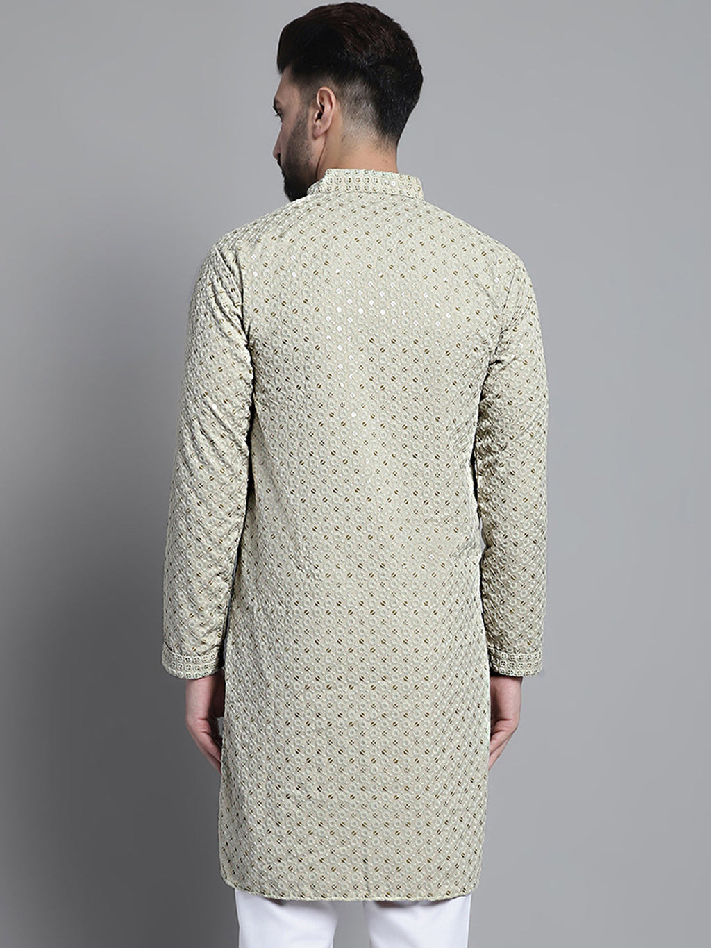 Jompers Men's Beige Chikankari Embroidered and Sequence Kurta Only