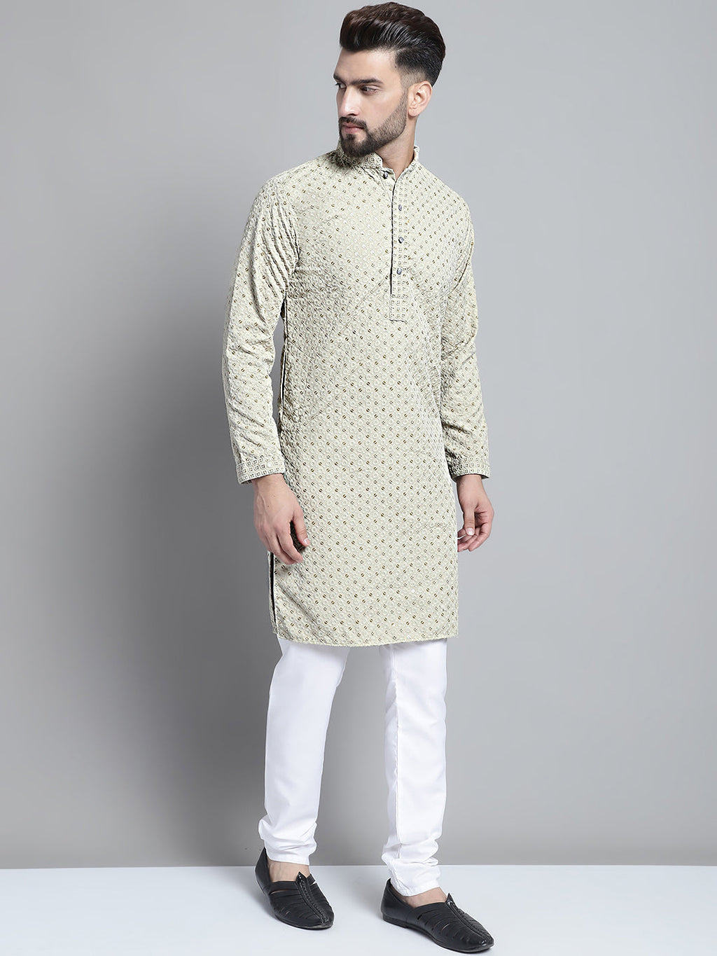 Jompers Men's Beige Chikankari Embroidered and Sequence Kurta Only
