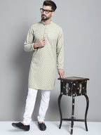 Jompers Men's Beige Chikankari Embroidered and Sequence Kurta Only