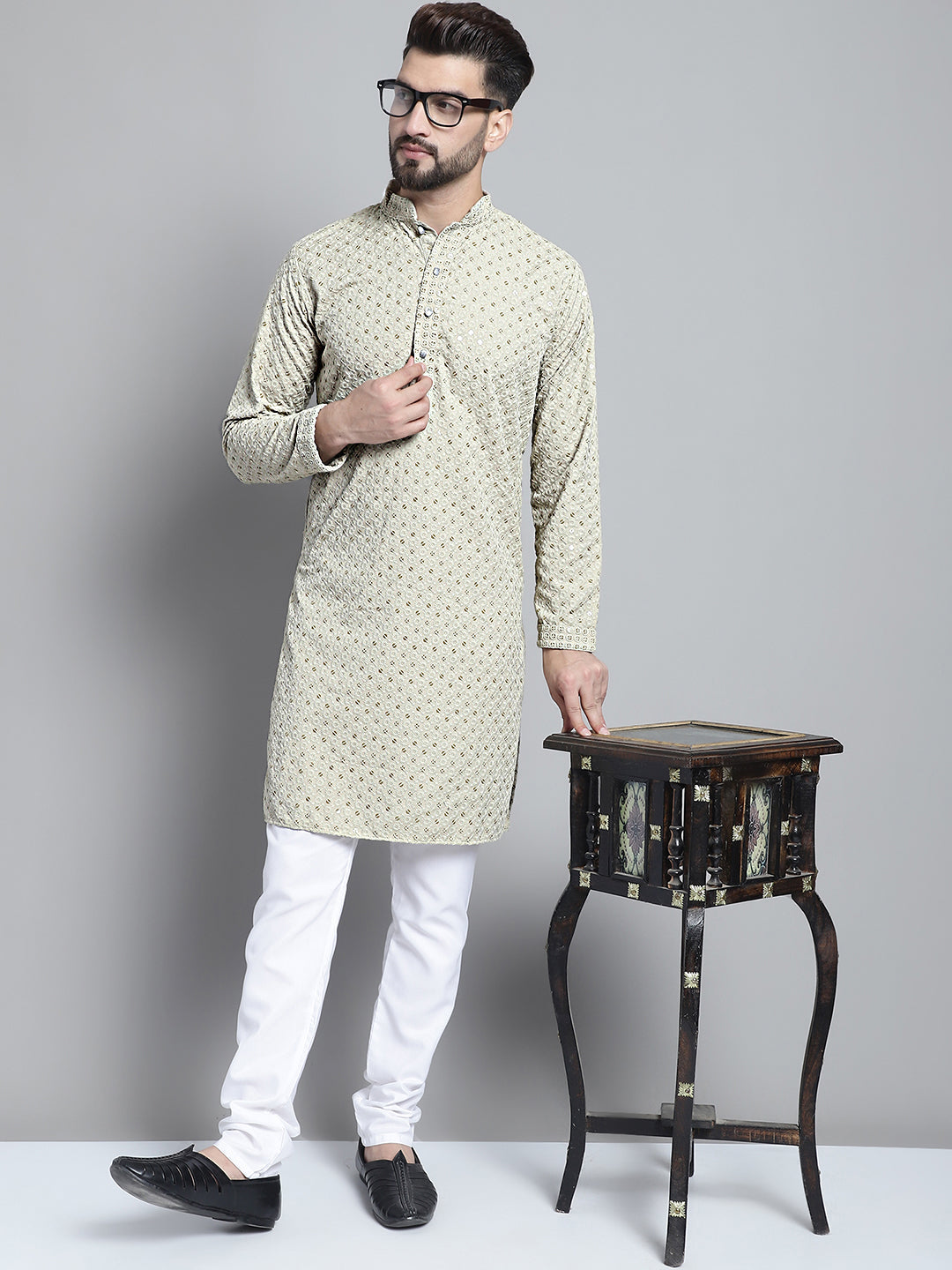 Jompers Men's Beige Chikankari Embroidered and Sequence Kurta Only