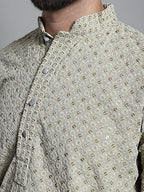 Jompers Men's Beige Chikankari Embroidered and Sequence Kurta Only