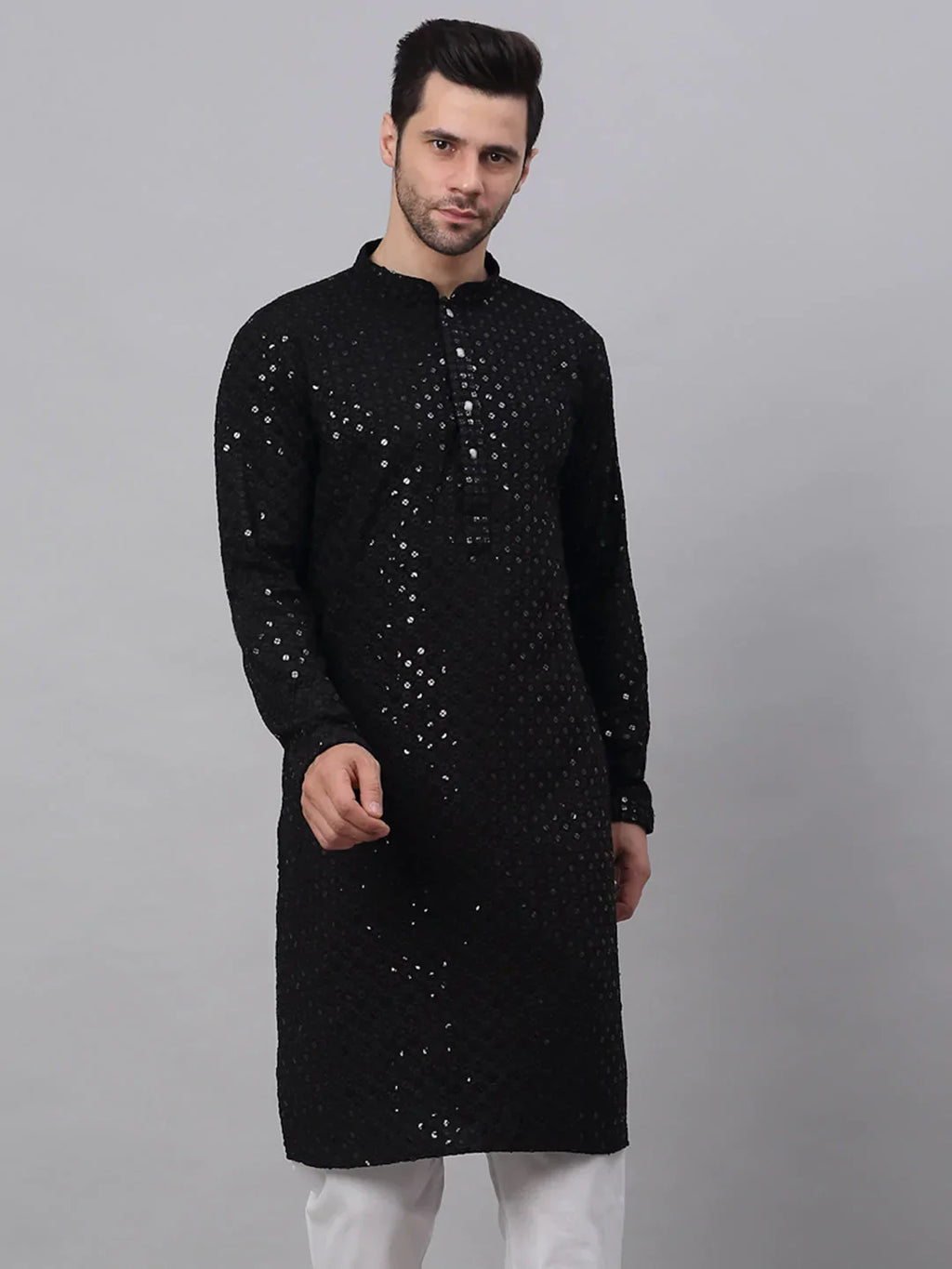 Jompers Men's Black Chikankari Embroidered and Sequence Kurta Only