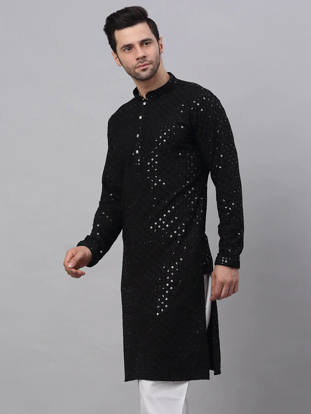 Jompers Men's Black Chikankari Embroidered and Sequence Kurta Only