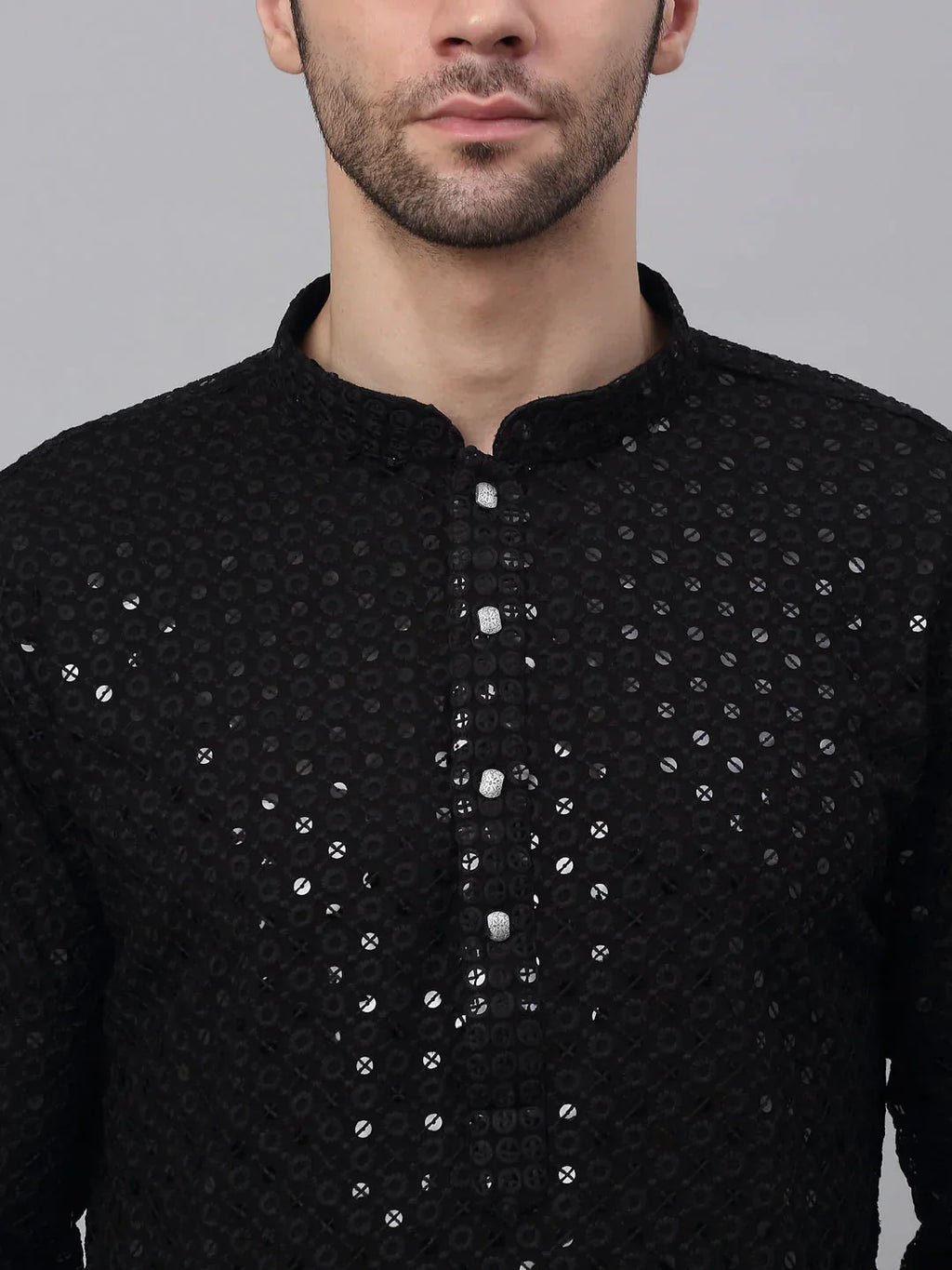 Jompers Men's Black Chikankari Embroidered and Sequence Kurta Only