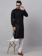 Jompers Men's Black Chikankari Embroidered and Sequence Kurta Only