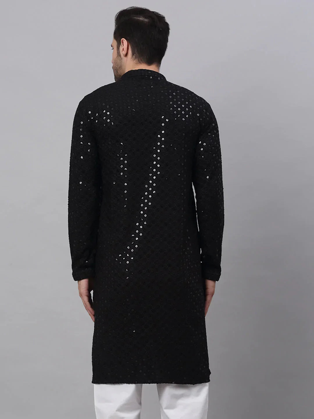 Jompers Men's Black Chikankari Embroidered and Sequence Kurta Only