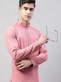 Jompers Men's Coral Red Chikankari Embroidered and Sequence Kurta