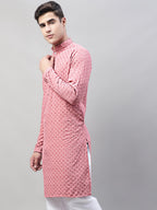 Jompers Men's Coral Red Chikankari Embroidered and Sequence Kurta