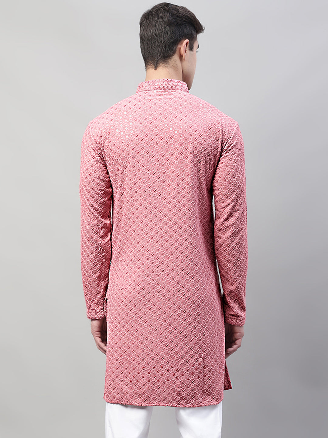 Jompers Men's Coral Red Chikankari Embroidered and Sequence Kurta