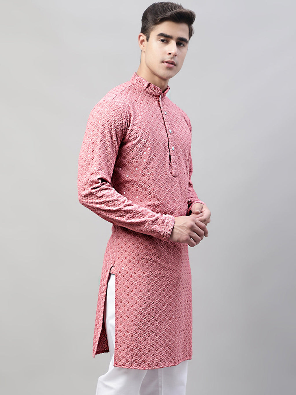 Jompers Men's Coral Red Chikankari Embroidered and Sequence Kurta