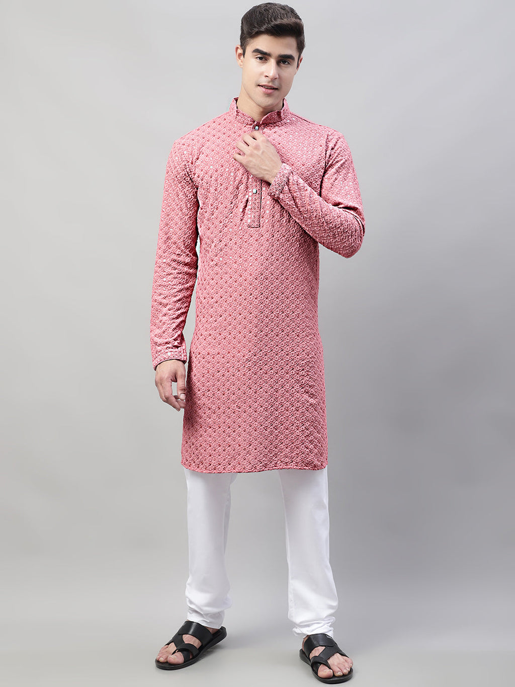 Jompers Men's Coral Red Chikankari Embroidered and Sequence Kurta