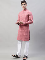 Jompers Men's Coral Red Chikankari Embroidered and Sequence Kurta