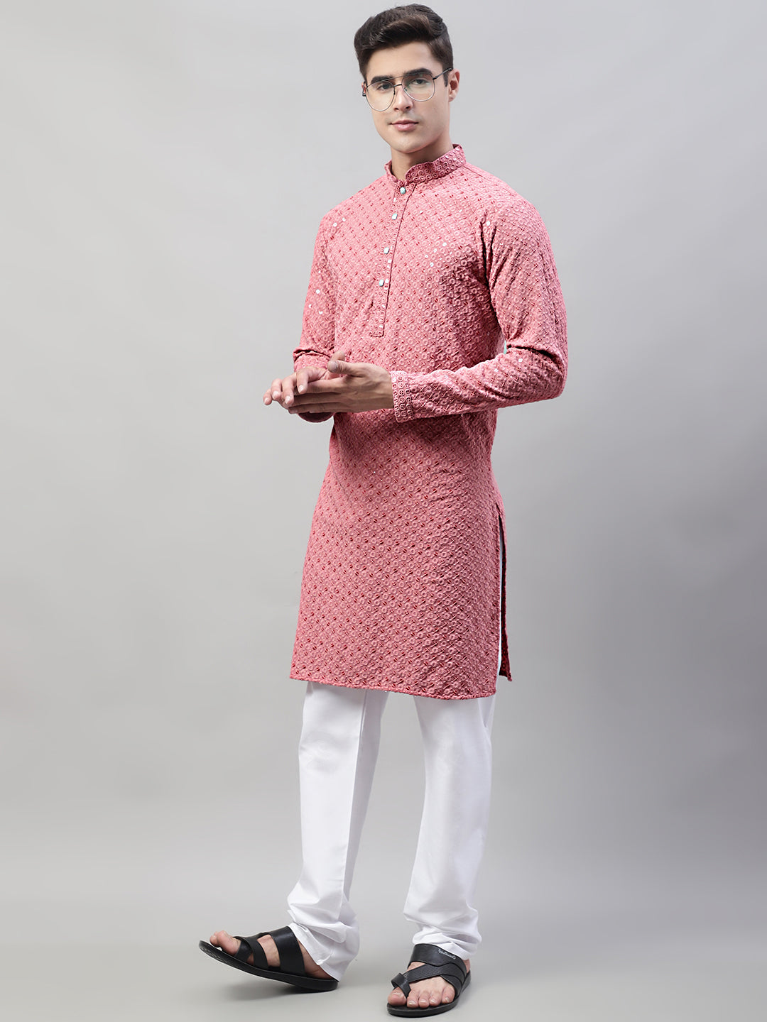 Jompers Men's Coral Red Chikankari Embroidered and Sequence Kurta
