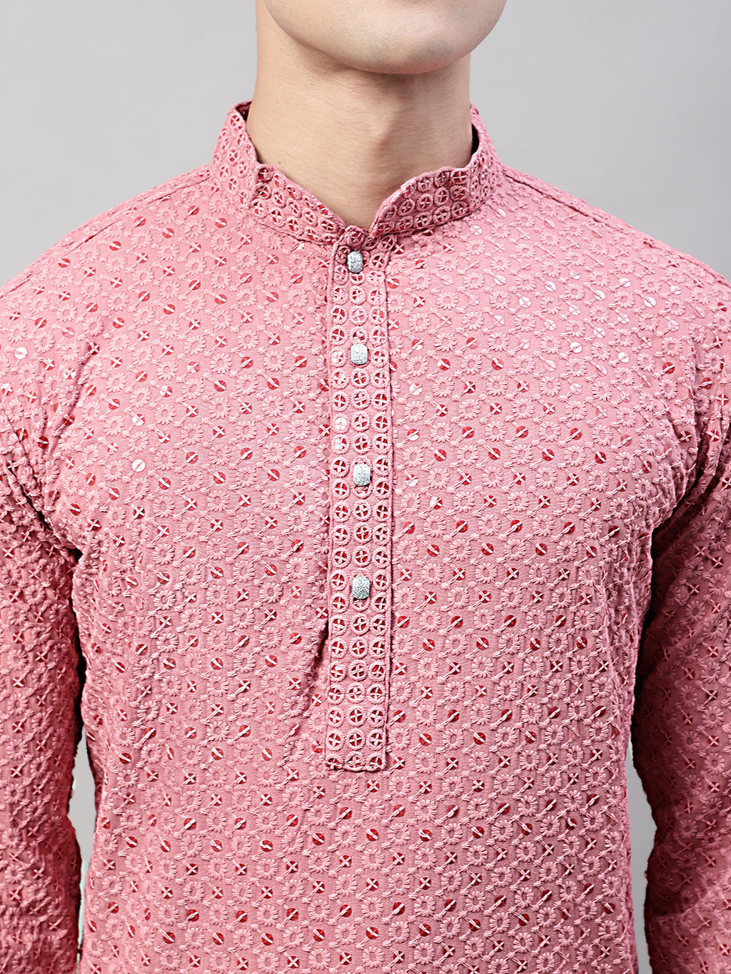 Jompers Men's Coral Red Chikankari Embroidered and Sequence Kurta