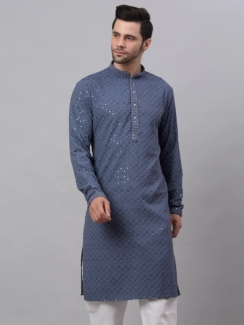 Jompers Men's Grey Chikankari Embroidered and Sequence Kurta Only