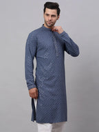 Jompers Men's Grey Chikankari Embroidered and Sequence Kurta Only