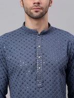 Jompers Men's Grey Chikankari Embroidered and Sequence Kurta Only