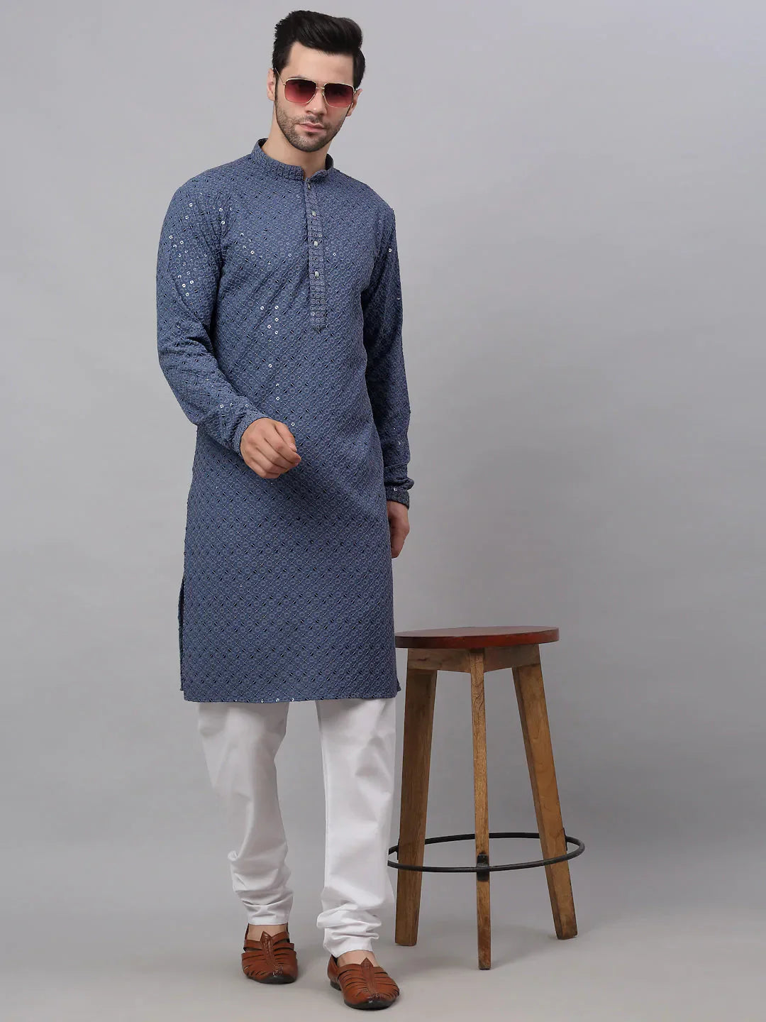 Jompers Men's Grey Chikankari Embroidered and Sequence Kurta Only