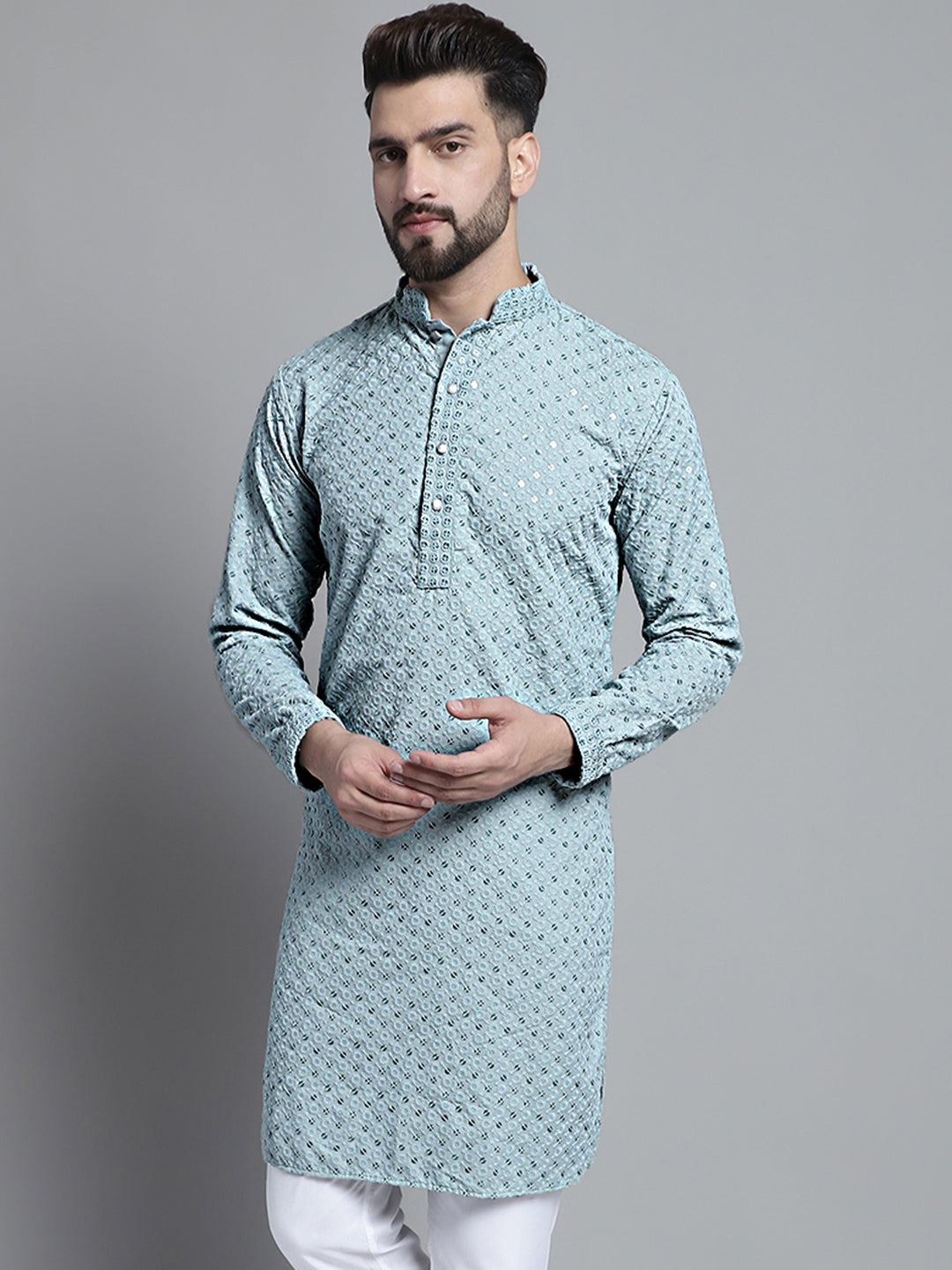 Jompers Men's Blue Chikankari Embroidered and Sequence Kurta Only