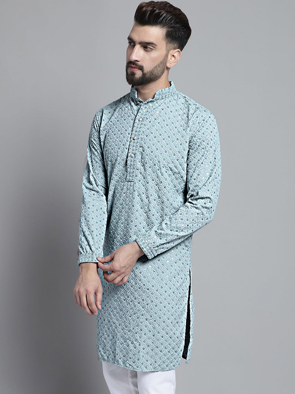 Jompers Men's Blue Chikankari Embroidered and Sequence Kurta Only