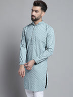 Jompers Men's Blue Chikankari Embroidered and Sequence Kurta Only