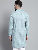 Jompers Men's Blue Chikankari Embroidered and Sequence Kurta Only