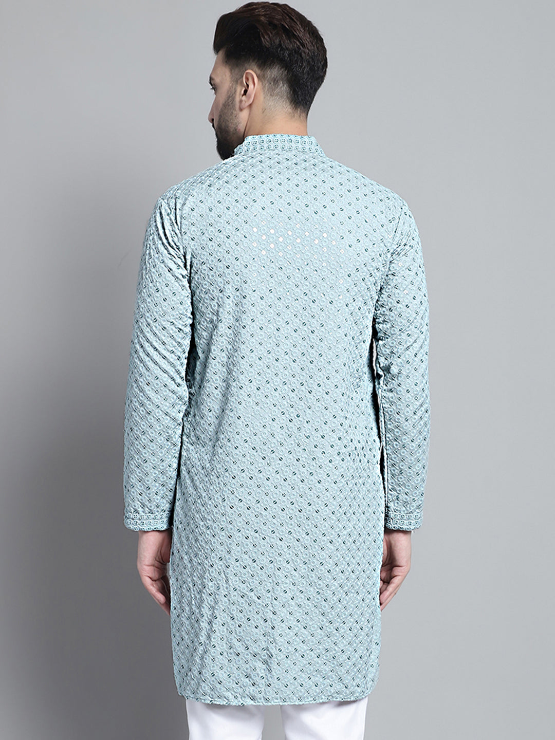 Jompers Men's Blue Chikankari Embroidered and Sequence Kurta Only