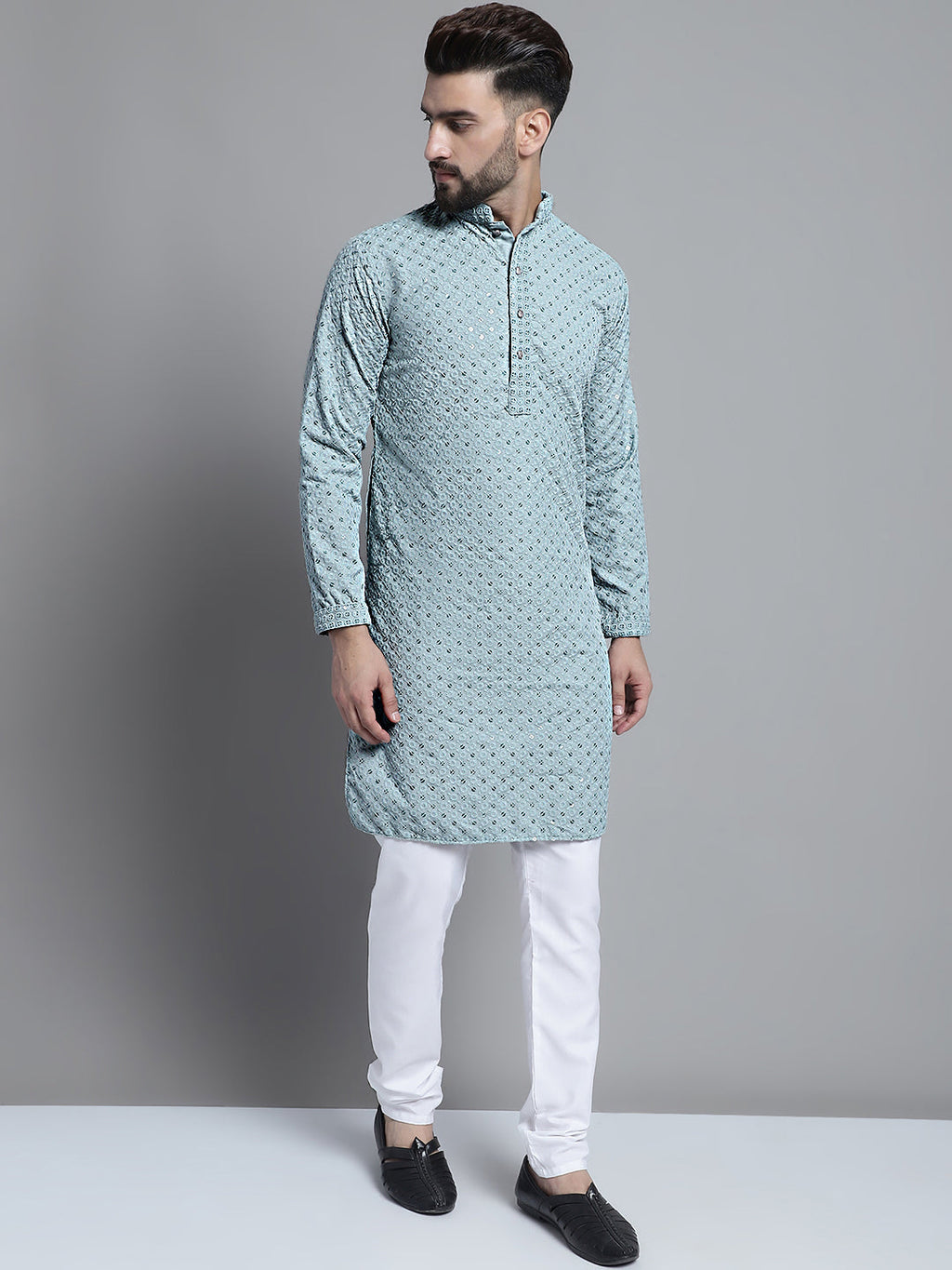 Jompers Men's Blue Chikankari Embroidered and Sequence Kurta Only
