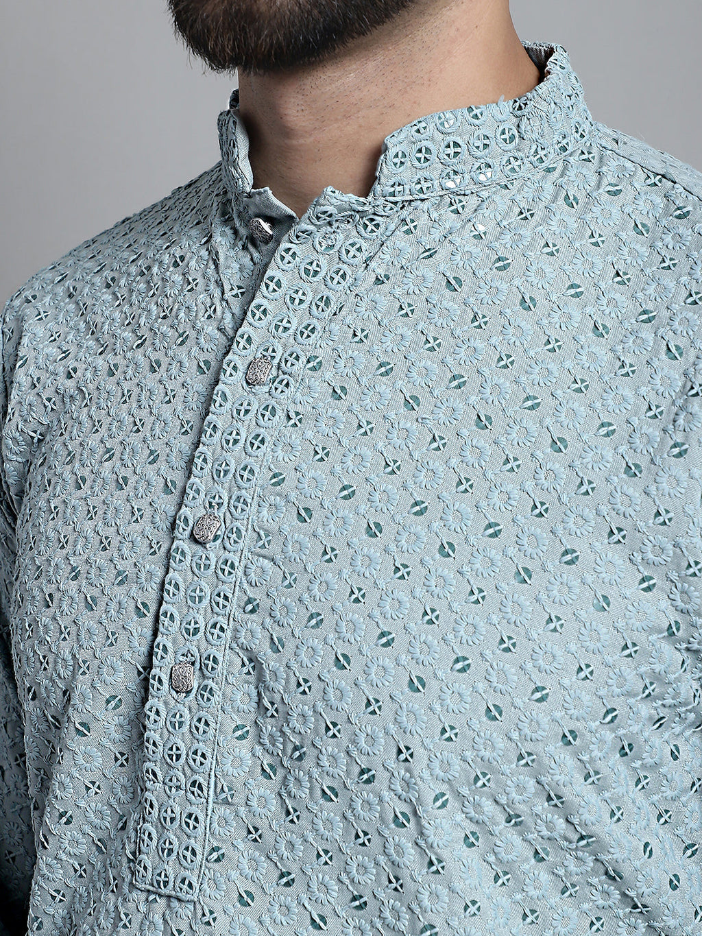Jompers Men's Blue Chikankari Embroidered and Sequence Kurta Only