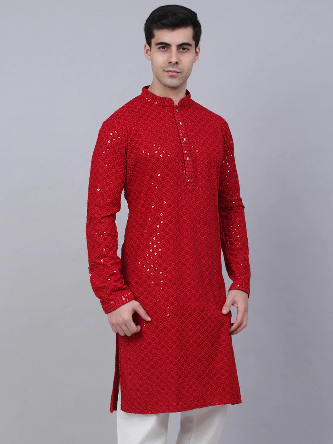 Jompers Men's Maroon Chikankari Embroidered and Sequence Kurta Only