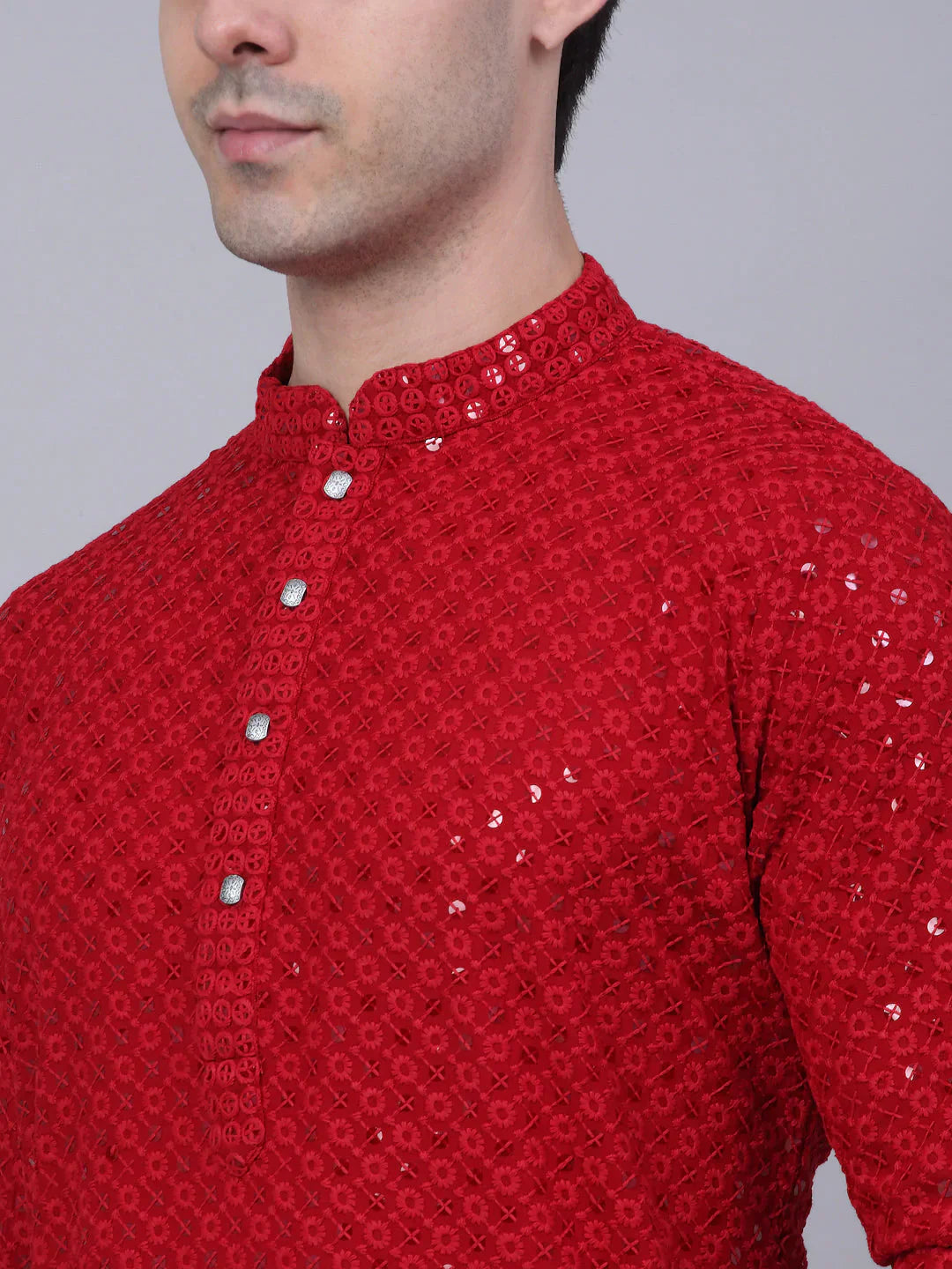 Jompers Men's Maroon Chikankari Embroidered and Sequence Kurta Only