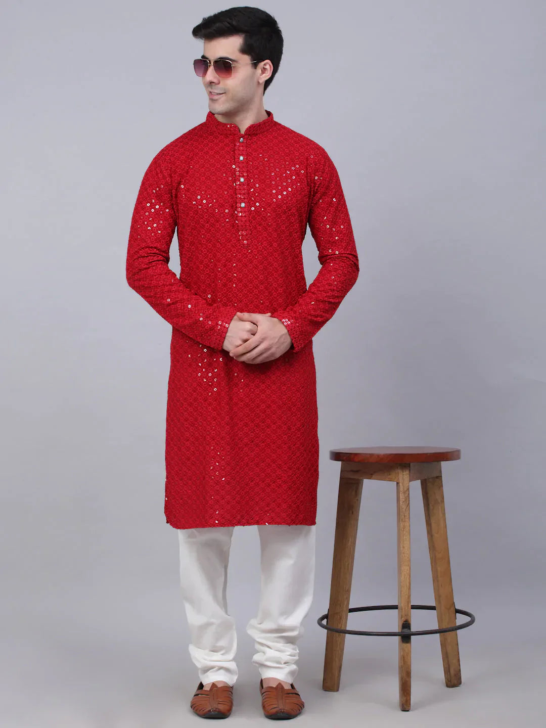 Jompers Men's Maroon Chikankari Embroidered and Sequence Kurta Only