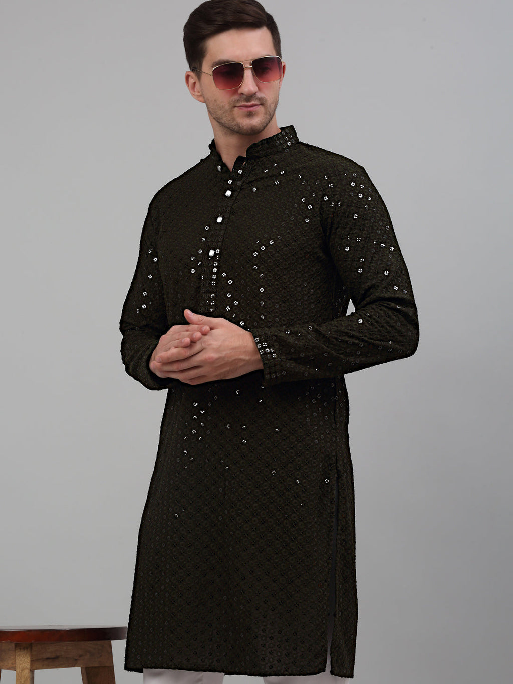 Jompers Men's Mehndi Green Chikankari Embroidered and Sequence Kurta Only