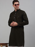Jompers Men's Mehndi Green Chikankari Embroidered and Sequence Kurta Only