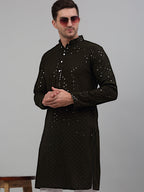 Jompers Men's Mehndi Green Chikankari Embroidered and Sequence Kurta Only