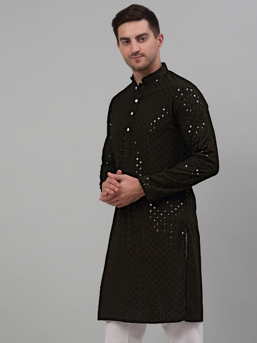 Jompers Men's Mehndi Green Chikankari Embroidered and Sequence Kurta Only