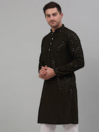 Jompers Men's Mehndi Green Chikankari Embroidered and Sequence Kurta Only
