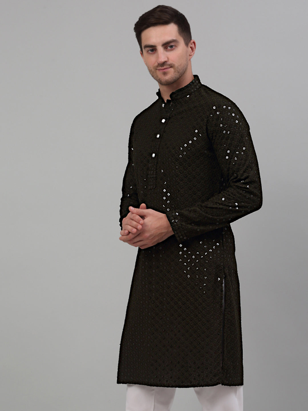 Jompers Men's Mehndi Green Chikankari Embroidered and Sequence Kurta Only