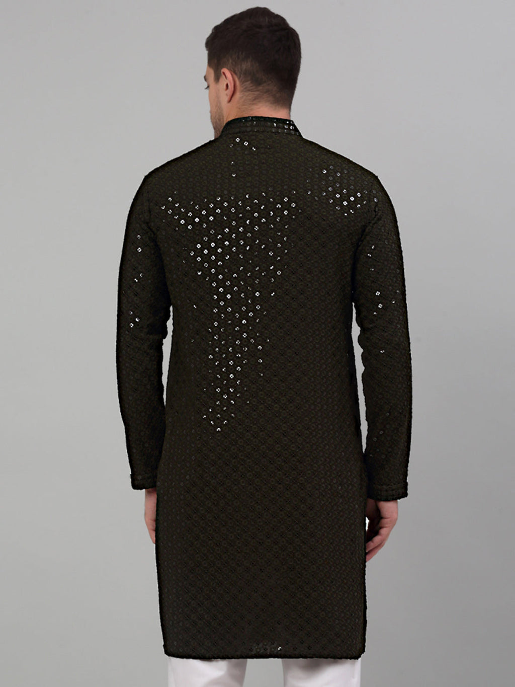 Jompers Men's Mehndi Green Chikankari Embroidered and Sequence Kurta Only