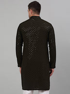 Jompers Men's Mehndi Green Chikankari Embroidered and Sequence Kurta Only