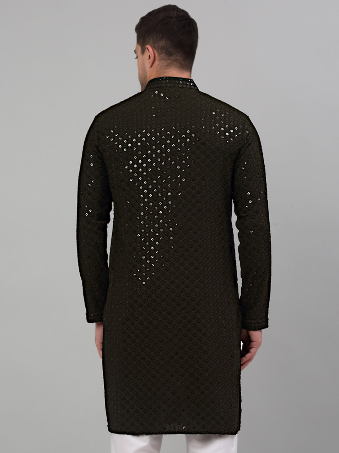 Jompers Men's Mehndi Green Chikankari Embroidered and Sequence Kurta Only